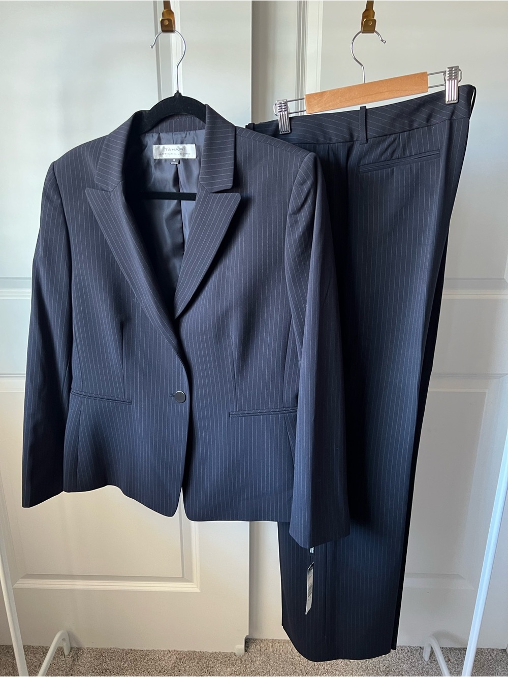 Tahari ASL Women's Navy Pinstripe Pantsuit Blazer & Trousers